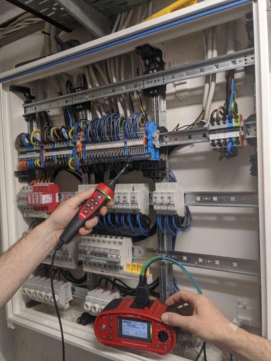 Elektrofachkraft bei der Messung am Verteiler